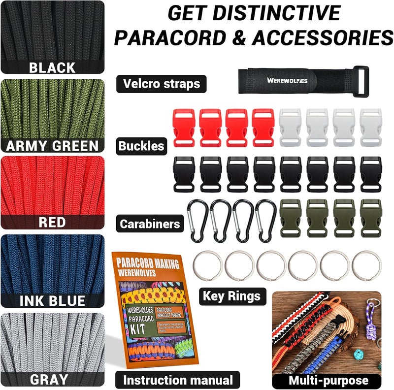 WEREWOLVES 550 Paracord Kits 100ft Each Color - 5 Colors Parachute Cord Combo 7 Strand Type III Parachute Cord 4mm for Crafting, Dog Collar, Survival Bracelets - Image 2